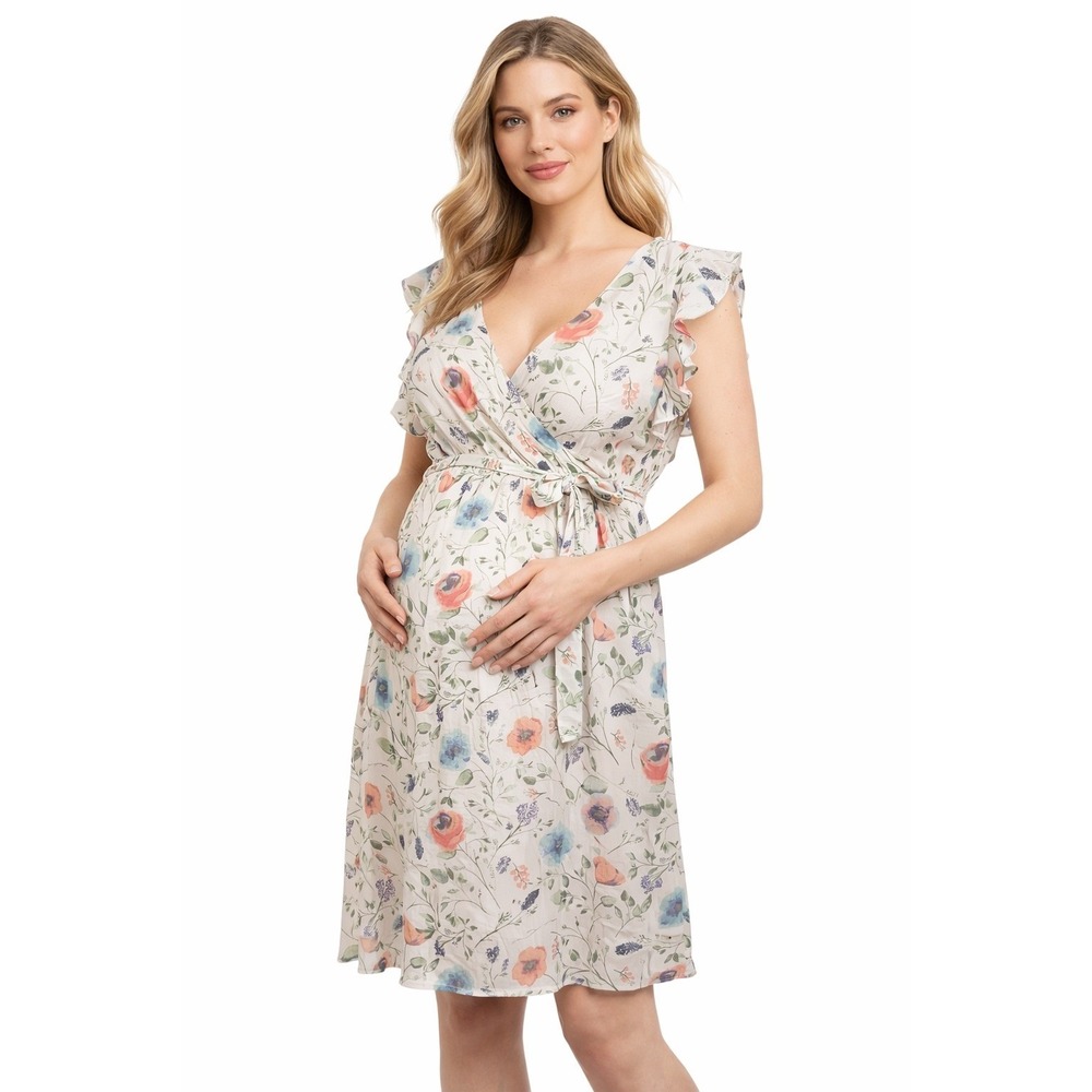Jessica Simpson Maternity Floral Wrap Dress‎ Flutter Sleeve Belted Midi Small